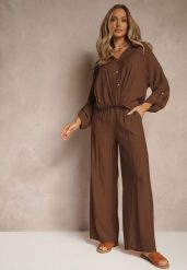 Brązowy Komplet z Wiskozy w Stylu Oversize Szerokie Spodnie i Luźna Koszula na Guziki Natinne. Brązowe koszule damskie Renee, na wiosnę, bez wzorów, z wiskozy, biznesowe, bez kołnierzyka, bez ramiączek. Za 129.99 zł.