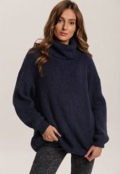 Granatowy Golf Oversize Malia. Niebieskie golfy damskie Renee, bez wzorów, z dzianiny, bez ramiączek. Za 139.99 zł.