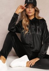Czarny 2-częściowy Welurowy Komplet Dresowy z Bluzą i Spodniami Yamiya. Czarne bluzy damskie Renee, s, z aplikacjami, z dresówki. Za 74.99 zł.