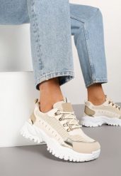 Beżowe Streetwearowe Sneakersy na Grubej Podeszwie z Tłoczeniami Goniswen. Brązowe obuwie sportowe damskie Born2be, z jeansu, bez zapięcia. Za 109.99 zł.