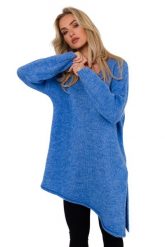 Asymetryczny Sweter Oversize - Lazurowy. Niebieskie swetry klasyczne damskie MOE, uniwersalny, z materiału, z asymetrycznym kołnierzem. Za 246.90 zł.