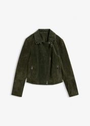 Kurtka typu biker ze skóry welurowej. Zielone kurtki damskie bonprix, bez wzorów, ze skóry, bez kaptura. Za 569.99 zł.