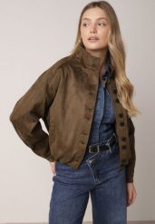 Ciemnobeżowa Kurtka w Stylu Bomberki z Ozdobnymi Guzikami Polimi. Brązowe kurtki damskie Born2be, l, bez wzorów, z jeansu, bez kaptura. Za 199.99 zł.