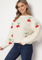 Jasnobeżowy Sweter z Aplikacjami Wisienek o Klasycznym Fasonie Dintinnia. Brązowe swetry klasyczne damskie Born2be, m, z jeansu, bez kołnierzyka. Za 159.99 zł.