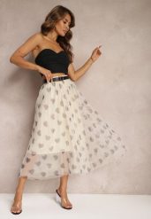 Beżowa Tiulowa Rozkloszowana Spódnica Plisowana z Aplikacjami Serc i Gumką w Pasie Missari. Brązowe spódnice damskie Renee, na co dzień, l, z aplikacjami, z tiulu, eleganckie, midi. Za 49.99 zł.