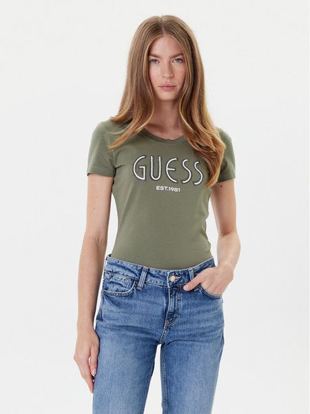 Guess T-Shirt W5YI05 J1314 Khaki Regular Fit. Brązowe t-shirty damskie Guess, xxl, z aplikacjami, z bawełny, bez kołnierzyka. Za 109.99 zł.