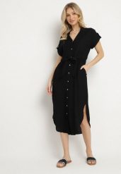 Czarna Wiskozowa Rozkloszowana Sukienka Koszulowa z Materiałowym Paskiem Katessae. Czarne sukienki damskie Born2be, bez wzorów, z materiału, eleganckie, bez ramiączek. Za 139.99 zł.