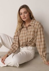 Beżowa Krótka Bawełniana Koszula w Kratę z Marszczeniem Wenatia. Brązowe koszule damskie Born2be, m, bez wzorów, z bawełny, bez kołnierzyka, bez ramiączek. Za 119.99 zł.
