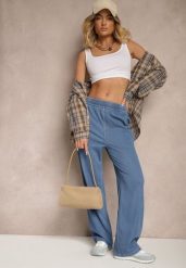 Niebieskie Spodnie Szerokie z Bawełną i Wiskozą High Waist z Imitacji Jeansu Heldexia. Niebieskie spodnie materiałowe damskie Renee, bez wzorów, z bawełny. Za 84.99 zł.