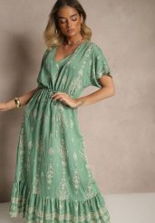 Zielona Rozkloszowana Sukienka z Falbanką w Print Boho z Wiskozą Tunova. Zielone sukienki damskie Renee, bez wzorów, z wiskozy, boho, bez ramiączek. W wyprzedaży za 50.99 zł.