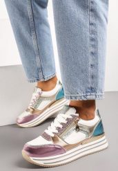 Biało-Różowe Sneakersy z Metalicznymi Wstawkami i Brokatem na Grubej Podeszwie Anova. Białe obuwie sportowe damskie Renee, na wiosnę, bez zapięcia. Za 109.99 zł.