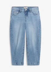 Jeansy o kroju barrel, średni stan, cropped. Niebieskie jeansy damskie bonprix. Za 149.99 zł.