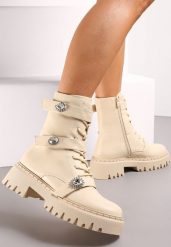 Beżowe Workery Botki z Rzepami Ozdobione Klamerkami z Cyrkonami Sotina. Brązowe botki damskie Renee, bez obcasa, na płaskiej podeszwie, bez zapięcia. Za 169.99 zł.