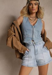 Niebieskie Szorty Jeansowe z Bawełną High Waist i Przeszyciami Tiledia. Niebieskie szorty damskie Renee, bez wzorów, z bawełny, z podwyższonym stanem. Za 74.99 zł.