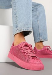 Fuksjowe Sneakersy na Grubej Podeszwie z Cyrkoniami Lisariana. Czerwone obuwie sportowe damskie Renee, z jeansu, bez zapięcia. Za 99.99 zł.