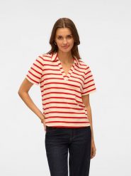 Vero Moda Koszulka polo w kolorze kremowo-czerwonym rozmiar: XL. Brązowe bluzki damskie Vero Moda, xl, bez wzorów, bez kołnierzyka, bez ramiączek. Za 109.95 zł.