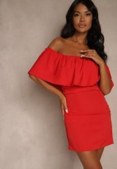 Czerwona Koktajlowa Sukienka Vices z Hiszpańskim Dekoltem Penare. Czerwone sukienki damskie Renee, bez wzorów, bez ramiączek. Za 109.99 zł.