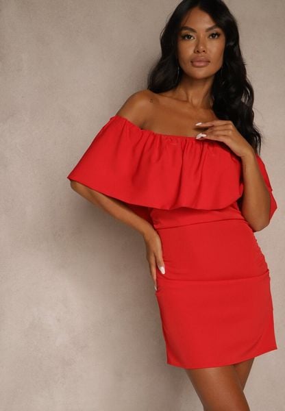 Czerwona Koktajlowa Sukienka Vices z Hiszpańskim Dekoltem Penare. Czerwone sukienki damskie Renee, bez wzorów, bez ramiączek. Za 109.99 zł.