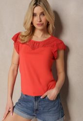 Czerwony Elegancki T-shirt Bluzka z Bawełny z Przezroczystymi Wstawkami Biopara. Czerwone bluzki damskie Renee, l, bez wzorów, z bawełny, bez kołnierzyka. Za 39.99 zł.