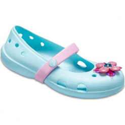 Baleriny "Keely Springtime Flat" w kolorze błękitnym. Niebieskie baleriny dziewczęce Crocs, w paski. W wyprzedaży za 64.95 zł.