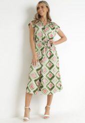Zielona Koszulowa Sukienka Midi z Geometrycznym Wzorem i Materiałowym Paskiem Eugenania. Zielone sukienki damskie Born2be, bez wzorów, z materiału, bez ramiączek. Za 149.99 zł.
