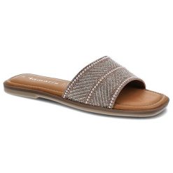 Różowe Klapki Tamaris Eleganckie Buty Damskie Na Lato. Czerwone klapki damskie Tamaris, bez wzorów, ze skóry, bez obcasa, na obcasie, bez zapięcia. Za 169.00 zł.