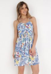 Biało-Niebieska Sukienka Cythitheme. Niebieskie sukienki damskie Born2be, z aplikacjami, bez ramiączek. Za 149.99 zł.