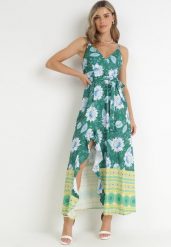 Ciemnozielona Sukienka Maxi na Cienkich Ramiączkach i Materiałowym Paskiem Adakila. Zielone sukienki damskie Born2be, bez wzorów, z materiału, eleganckie, bez ramiączek. Za 99.99 zł.