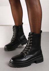 Czarne Sznurowane Botki z Metalicznym Akcentem Aresira. Czarne botki damskie Born2be, z jeansu, eleganckie, bez obcasa, na płaskiej podeszwie, bez zapięcia. Za 159.99 zł.
