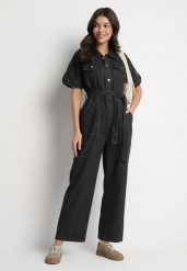 Czarny Jeansowy Kombinezon z Wiązaniem w Talii i Szerokimi Nogawkami Xenadea. Czarne sukienki damskie Born2be, bez wzorów, z denimu, eleganckie, bez ramiączek. Za 309.99 zł.