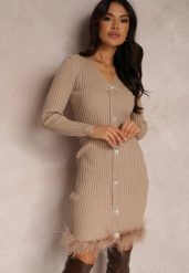 Beżowa Sukienka z Prążkowanej Dzianiny z Piórami Euryleia. Brązowe sukienki damskie Renee, bez wzorów, z dzianiny, eleganckie, bez ramiączek. W wyprzedaży za 159.99 zł.