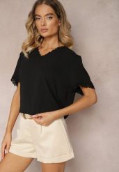 Czarna Bluzka z Wykończeniami z Koronki i Dekoltem V Mallana. Czarne bluzki damskie Renee, xl, bez wzorów, z jeansu, eleganckie, bez kołnierzyka, bez ramiączek. Za 44.99 zł.