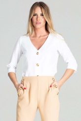 Bluzka w Serek Zapinana na Guziki - Biała. Białe bluzki damskie Figl, xl, bez wzorów, z materiału, bez kołnierzyka, bez ramiączek. Za 209.00 zł.