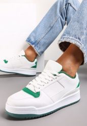 Biało-Zielone Sneakersy z Perforacją na Nosku i Wstawkami na Zapiętku Favisi. Białe obuwie sportowe damskie Renee, bez zapięcia. Za 59.99 zł.