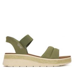 Sandały Skechers. Zielone sandały damskie Skechers, bez wzorów, bez obcasa, na płaskiej podeszwie, bez zapięcia. Za 289.99 zł.