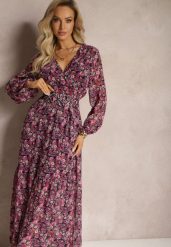 Fuksjowa Sukienka z Kopertowym Dekoltem i Gumką w Talii Behi. Czerwone sukienki damskie Renee, bez wzorów, eleganckie, bez ramiączek. W wyprzedaży za 99.99 zł.