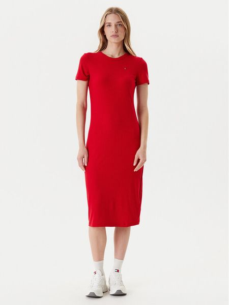 Tommy Jeans Sukienka codzienna DW0DW19721 Czerwony Slim Fit. Czerwone sukienki damskie Tommy Jeans, bez wzorów, z jeansu, bez ramiączek. Za 179.99 zł.