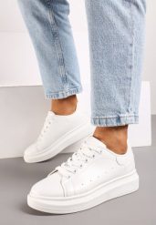Białe Sneakersy na Niskiej Platformie w Klasycznym Stylu Lucid Dream. Białe obuwie sportowe damskie Renee, z jeansu, bez zapięcia. Za 59.99 zł.