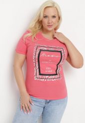Różowy Bawełniany T-shirt Koszulka z Krótkim Rękawem Ozdobiona Nadrukiem i Cyrkoniami Codara. Czerwone bluzki damskie Born2be, l, bez wzorów, z bawełny, bez kołnierzyka, bez ramiączek. Za 34.99 zł.