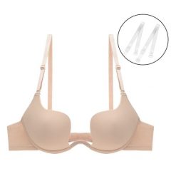 Biustonosz push-up do głębokich dekoltów z miękką wyściółką Kibariye. Białe biustonosze Intica, bez wzorów, z materiału. Za 99.00 zł.