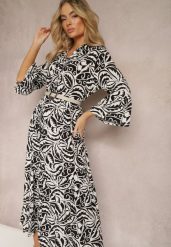 Czarno-Biała Sukienka Maxi z Falbanką z Guzikami i Liściastym Wzorem Polka. Czarne sukienki damskie Renee, bez wzorów, eleganckie, bez ramiączek. W wyprzedaży za 56.99 zł.