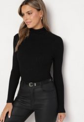 Czarny Elastyczny Golf Ozdobiony Metaliczną Nitką Kirinna. Czarne golfy damskie Born2be, m, bez wzorów, bez ramiączek. Za 54.99 zł.