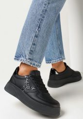 Czarne Sneakersy na Grubej Podeszwie z Perforacją i Brokatem Persessa. Czarne obuwie sportowe damskie Born2be, bez zapięcia. Za 69.99 zł.