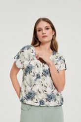 Koszula z wiskozy w kwiaty oliwkowa. Zielone koszule damskie MOODO, bez wzorów, z wiskozy, bez kołnierzyka, bez ramiączek. Za 89.99 zł.