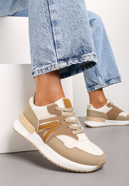 Ciemnobeżowe Płaskie Sneakersy przed Kostkę z Ekozamszu ze Sznurowaniami Jrines. Brązowe obuwie sportowe damskie Renee, z dzianiny, przed kostkę, bez zapięcia. Za 99.99 zł.