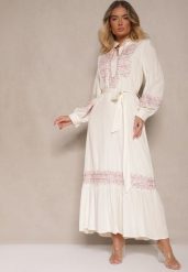 Jasnobeżowa Wiskozowa Sukienka Boho o Rozkloszowanym Kroju ze Stójką i Haftem Kolessaria. Brązowe sukienki damskie Renee, z aplikacjami, z poliesteru, boho, bez ramiączek. W wyprzedaży za 203.99 zł.