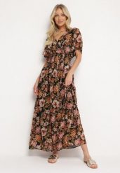 Czarno-Beżowa Kopertowa Sukienka z Gumką w Pasie Wiązana z Tyłu Ozdobiona Metaliczną Nitką Eollas. Czarne sukienki damskie Born2be, z aplikacjami, eleganckie, bez ramiączek. Za 109.99 zł.