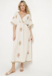 Beżowa Wiskozowa Sukienka z Lnem o Kopertowym Kroju z Wiązaniem i Haftem Desarose. Brązowe sukienki damskie Born2be, bez wzorów, z bawełny, eleganckie, bez ramiączek. Za 219.99 zł.