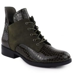 Botki damskie lakierowane kroko zielone Vinceza 26-16477. Zielone botki damskie VINCEZA, z lakierowanej skóry, eleganckie, bez obcasa, bez zapięcia. Za 169.99 zł.