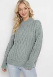 Miętowy Golf w Warkoczykowy Splot Defavia. Zielone golfy damskie Born2be, bez wzorów, z dzianiny, bez ramiączek. Za 149.99 zł.